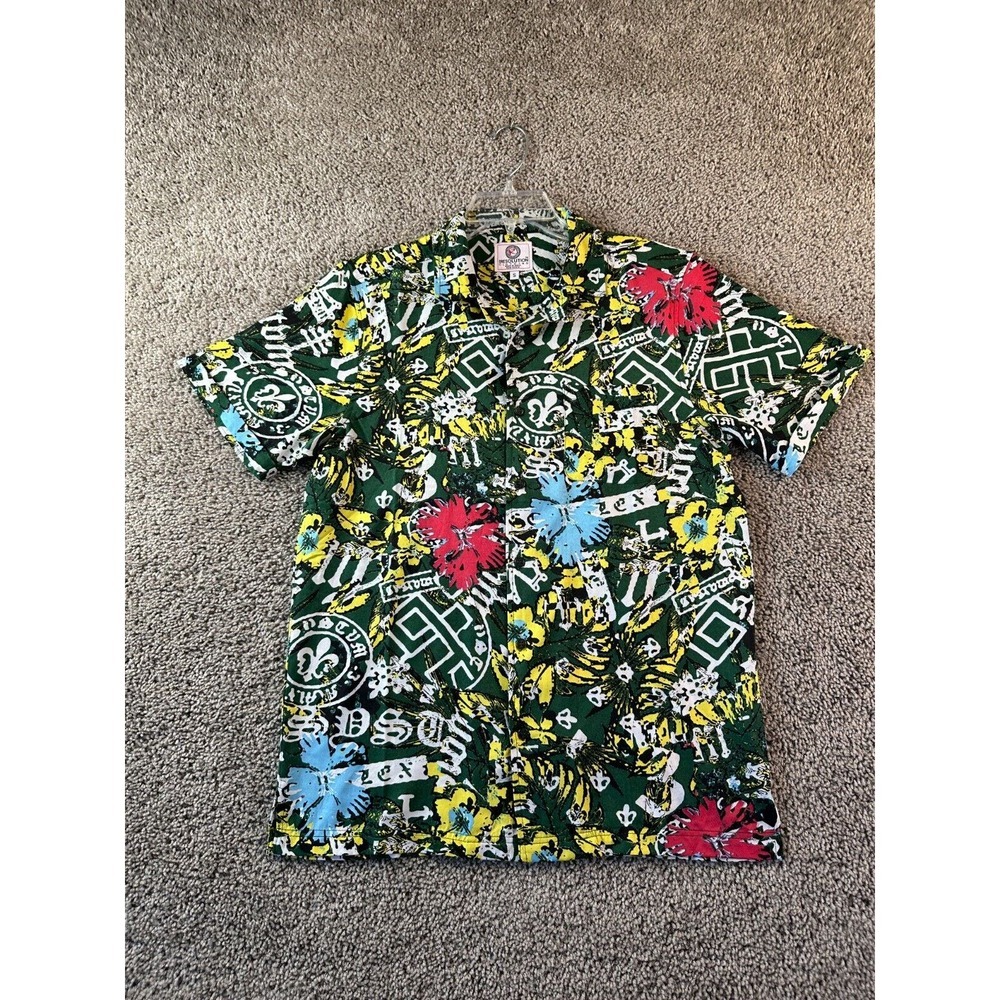 One Resolution Shirt Mens Small Green Abstract Art Hawaiian AOP Button Up